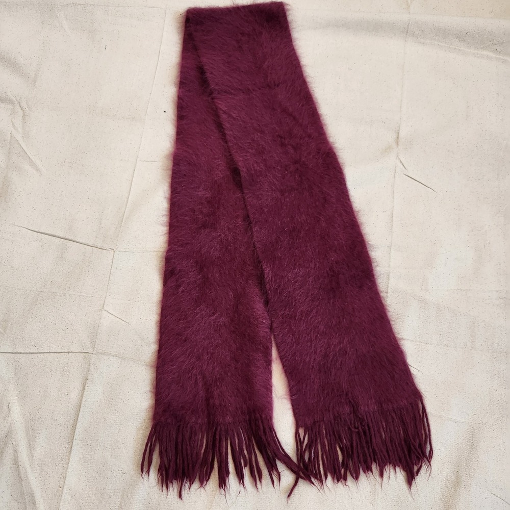 Luxury Fuzzy Angora Rabbit Hair Blend Winter Scarf Burgundy Maroon Fringe 6x56